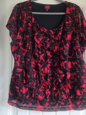 212 Collection Red and Black Ruffle Front Blouse